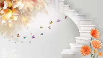 Фотообои 3D Лестница с красочными бабочками и цветами