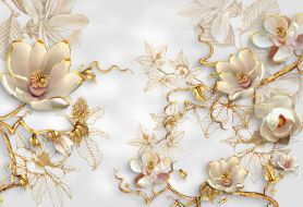 Фотообои 3D Цветы с золотом на белом фоне